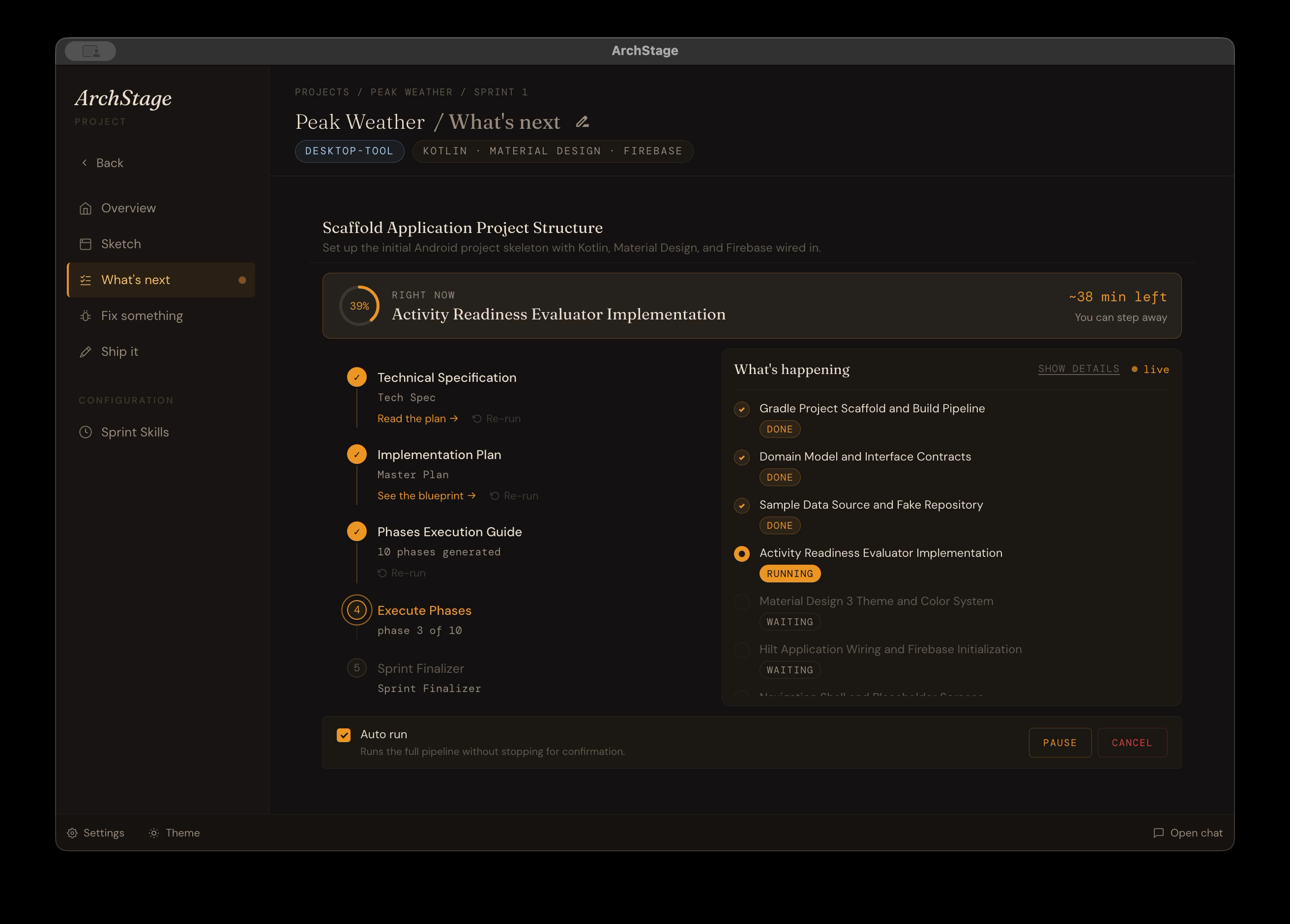 The ArchStage Build view running the implementation pipeline: a circular progress ring at 42%, five stage rows showing two done, one running, and two pending, with a live output panel on the right.