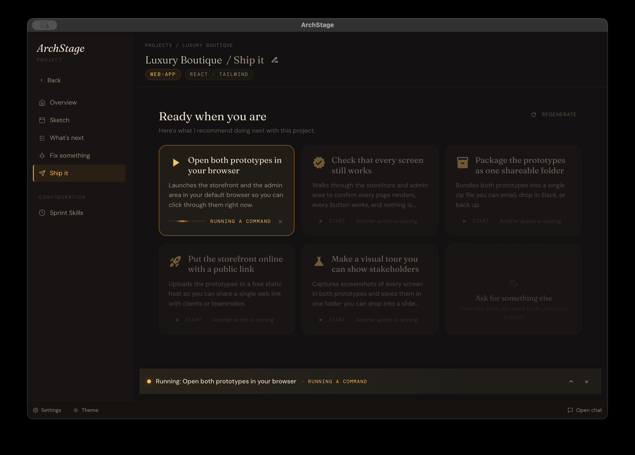 The ArchStage Launchpad: a grid of six action cards with icons — Start dev server, Initialize Git, Run tests, Build for production, Create a README, and Open in editor — with a Regenerate button at the top right.