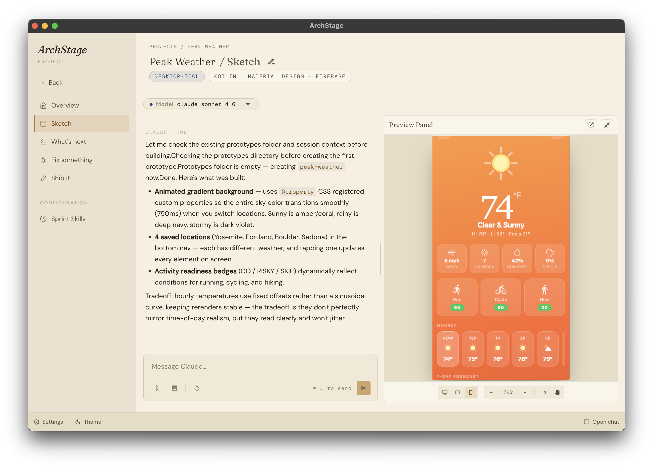 The ArchStage Prototype view: chat pane on the left with user and AI messages, live HTML preview on the right with Desktop, Tablet, and Mobile device tabs.