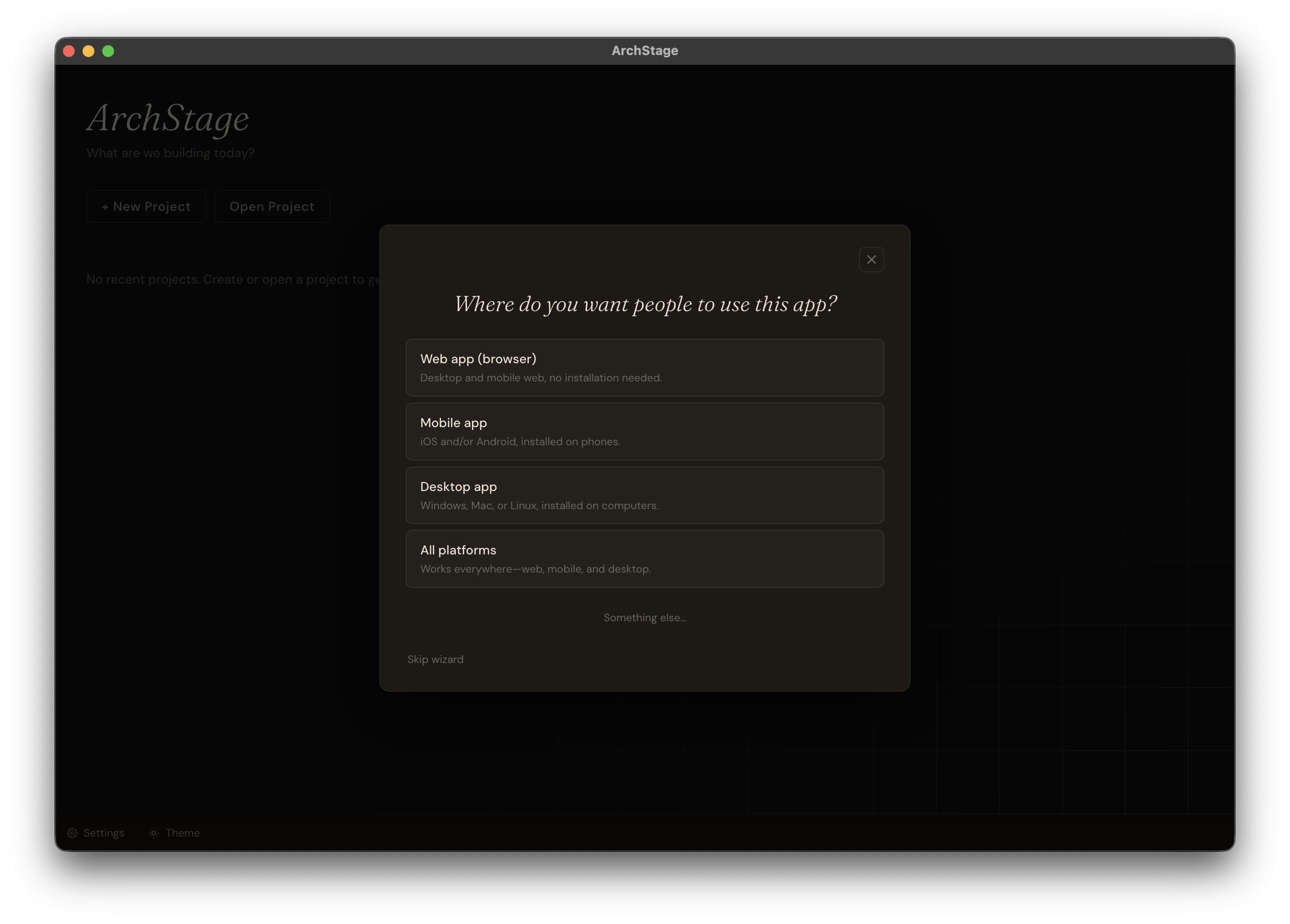 ArchStage new-project wizard on step 2 of 5, asking what kind of thing you're building, with option cards for Web app, Desktop tool, and Mobile app.