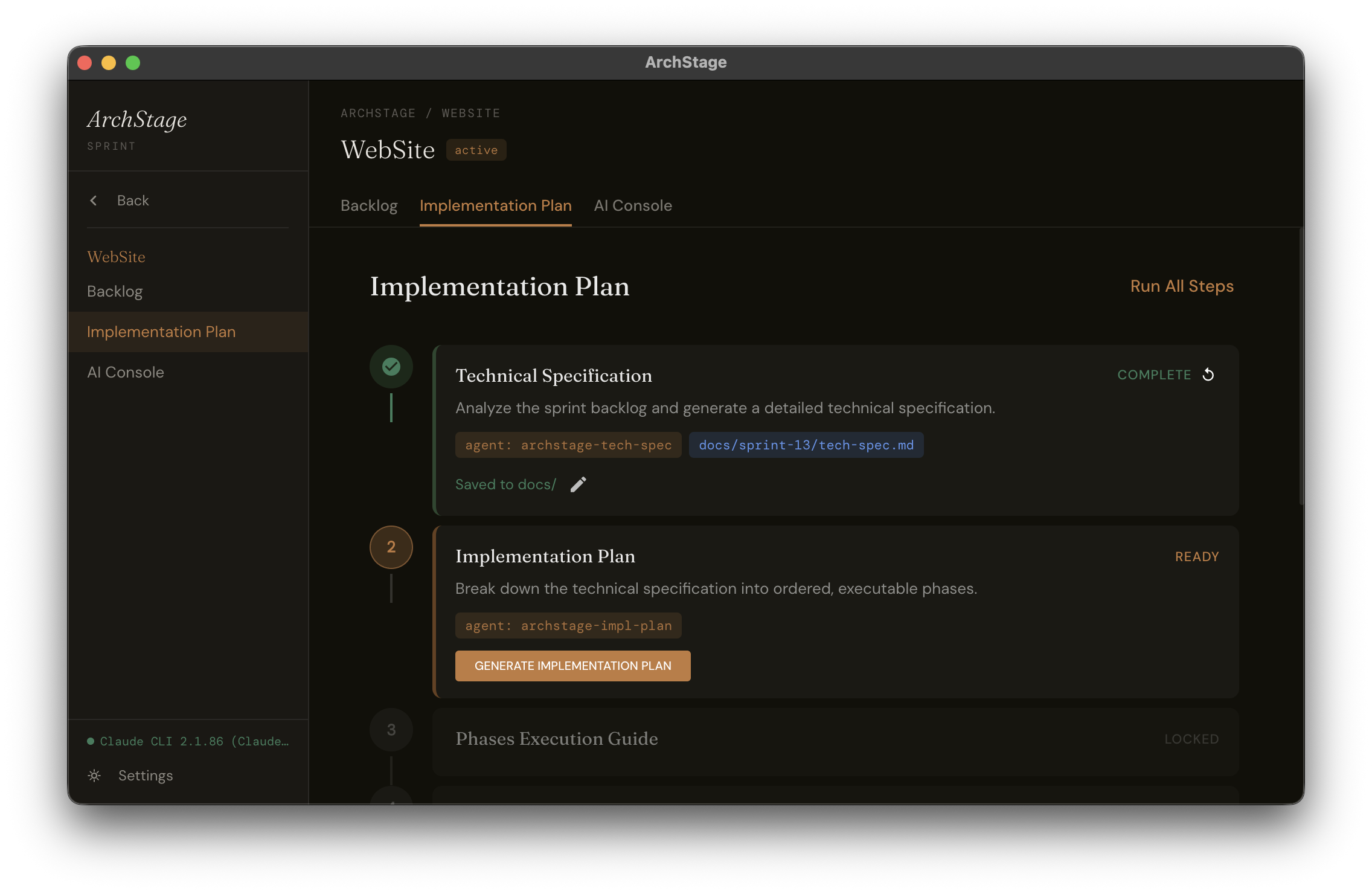 ArchStage implementation pipeline — 5-step sprint process