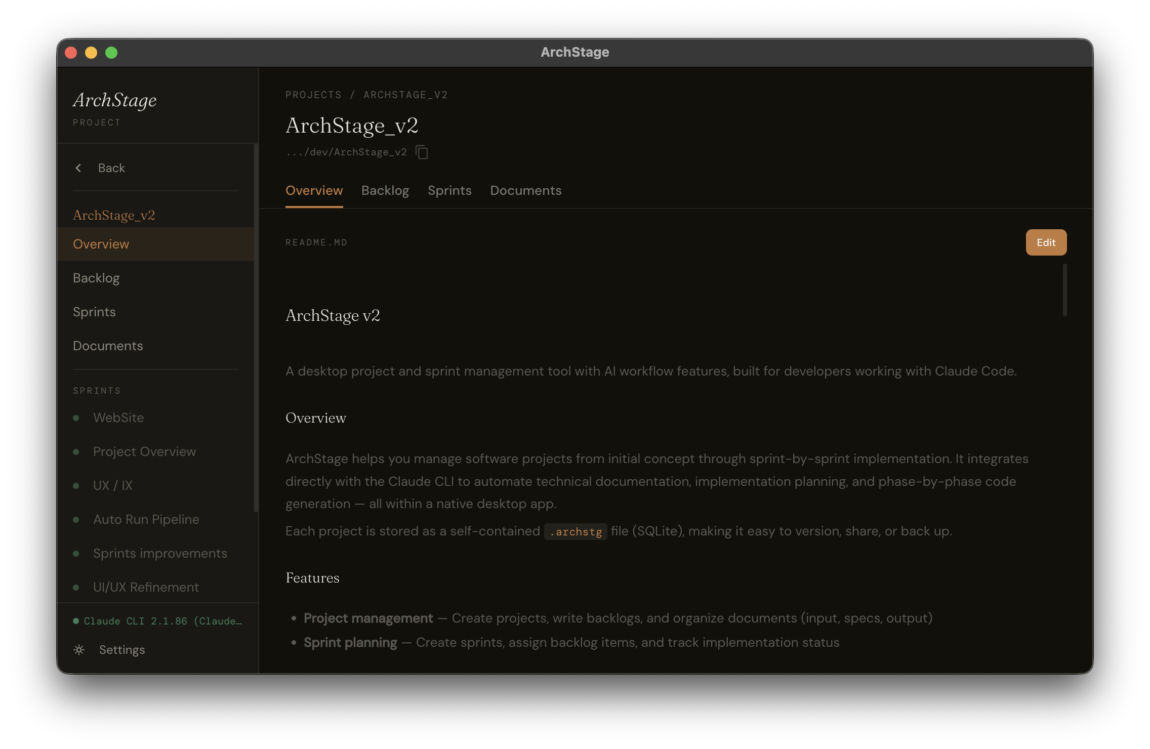 ArchStage project view — sprints, documents, and project context