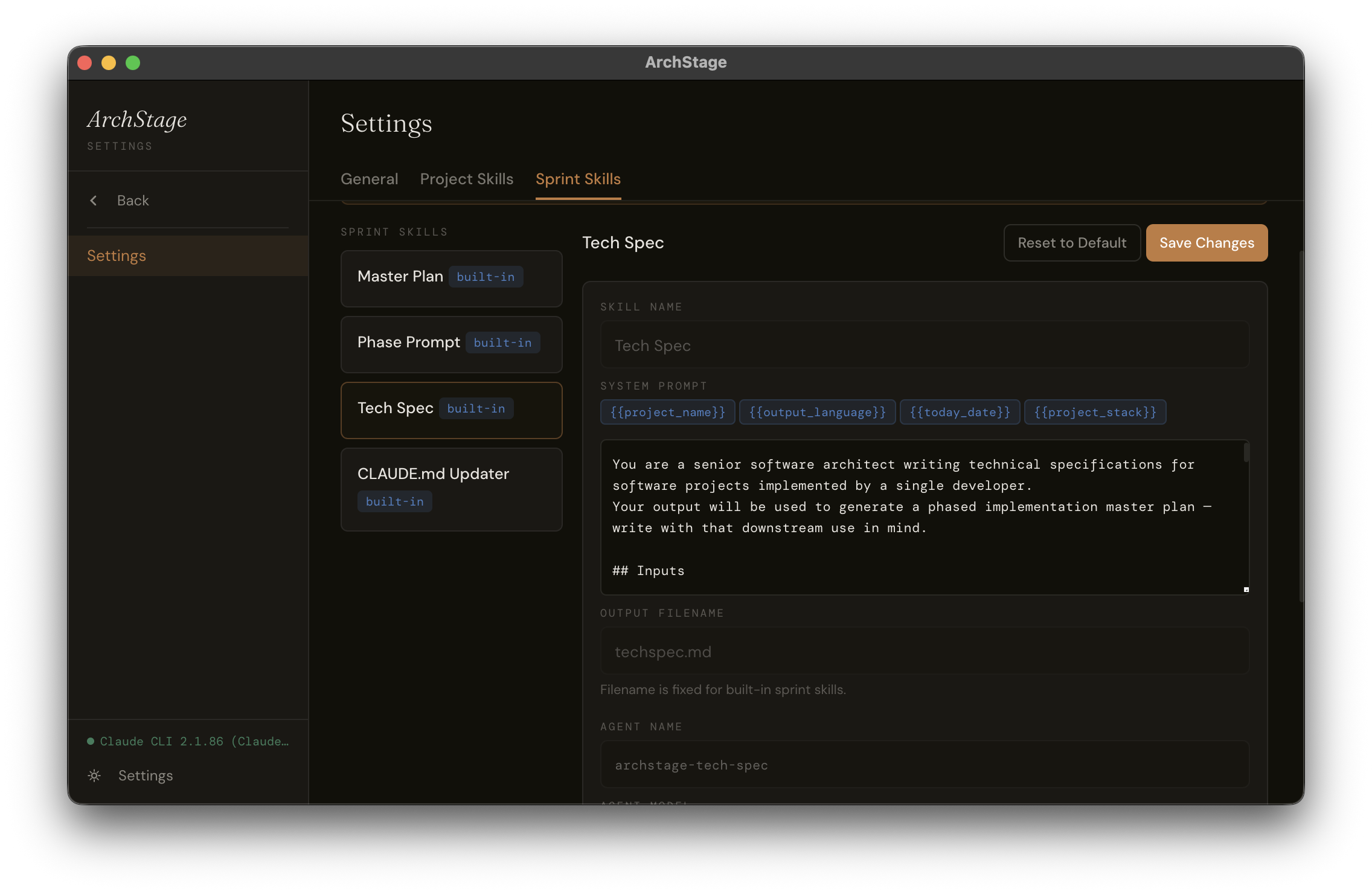 ArchStage settings — sprint skills with agent model and system prompt config