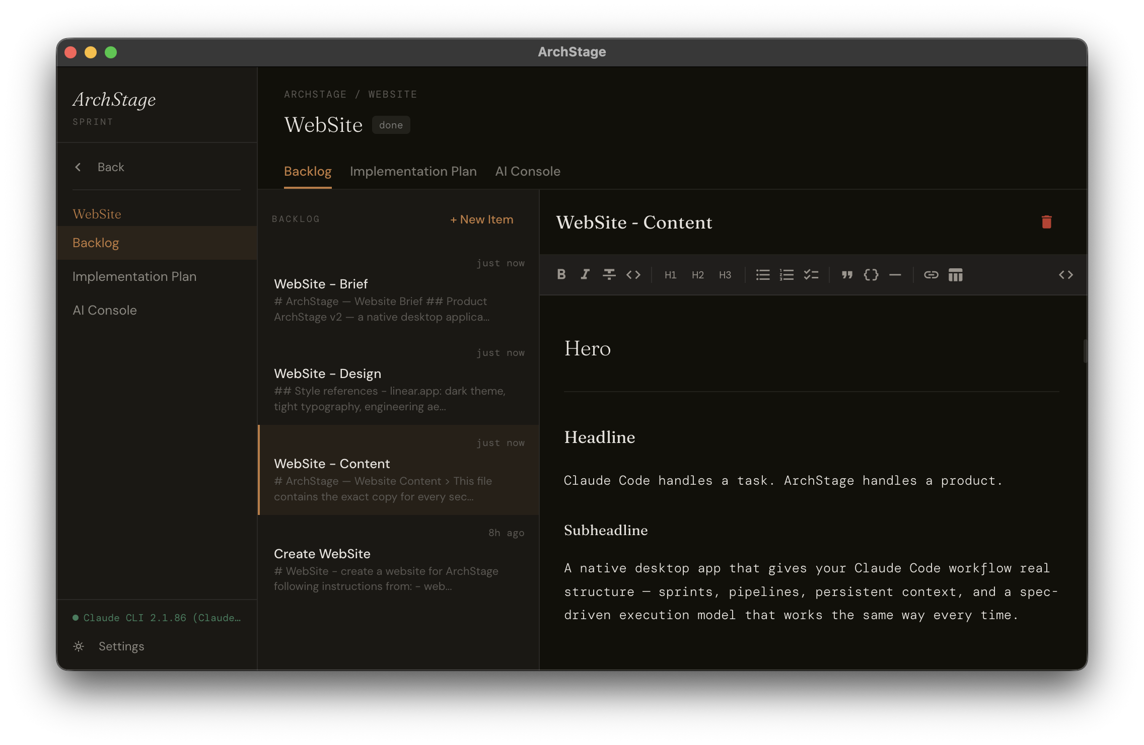 ArchStage sprint backlog — rich text editor with sprint assignments